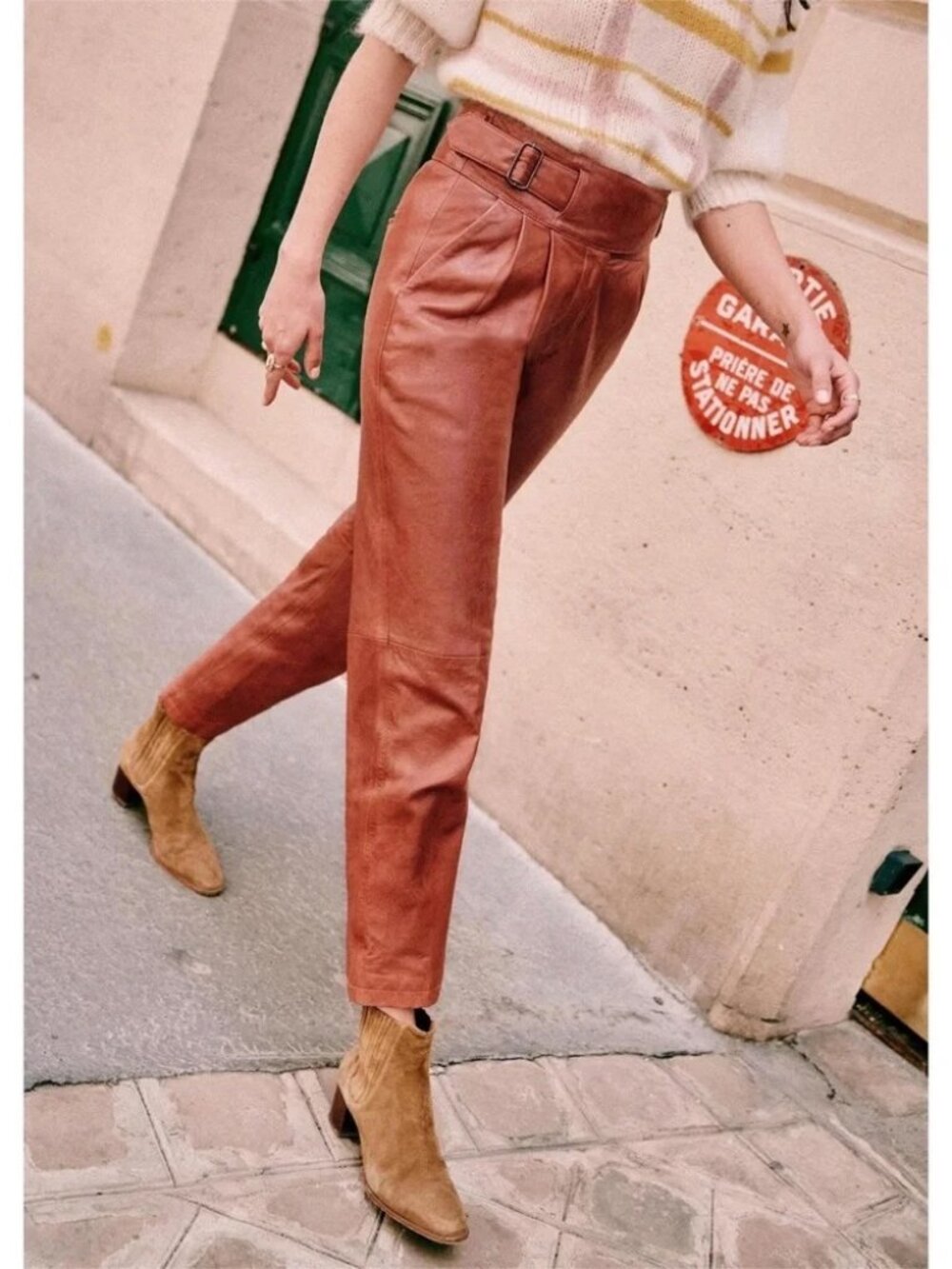 Sezane Francky Trousers Terracotta Lamb Leather Pants Brown Red Size FR 36